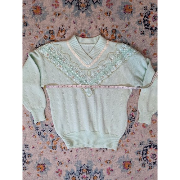 Women's Mint/Sea Foam Ribbed Sweater with‎ Lace and Pearl Details - Picture 5 of 7